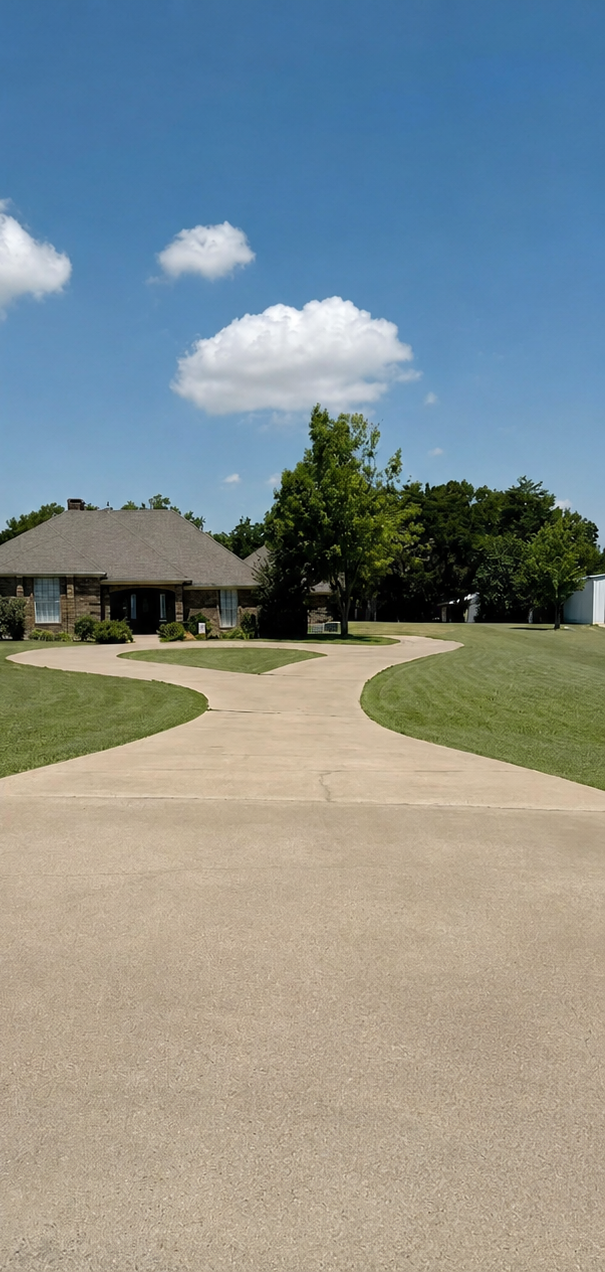 Curving driveway leading to a house with trees and a blue sky with clouds