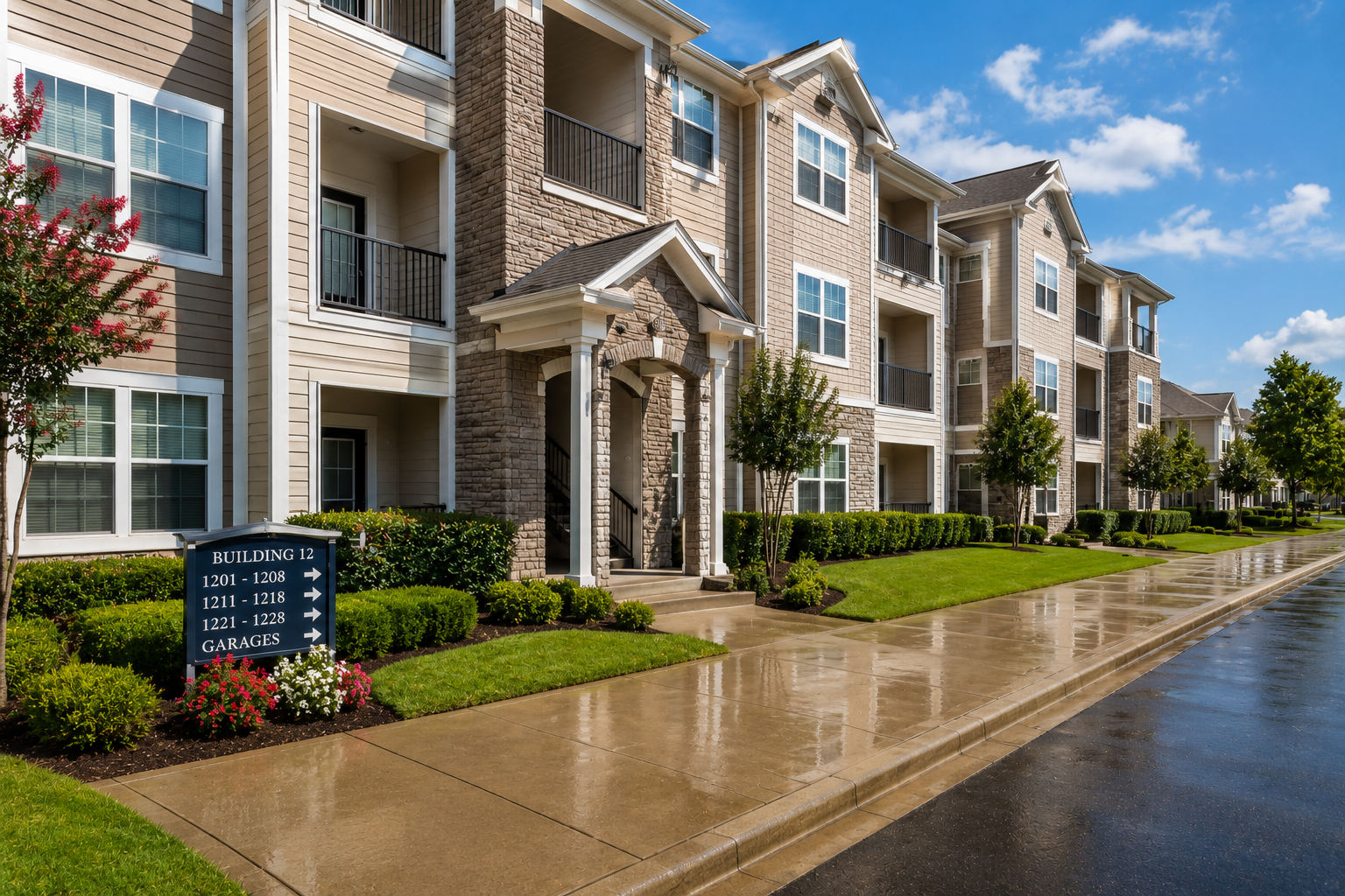 Apartment complex with beige brick buildings, balconies, and wet sidewalk along a landscaped driveway.