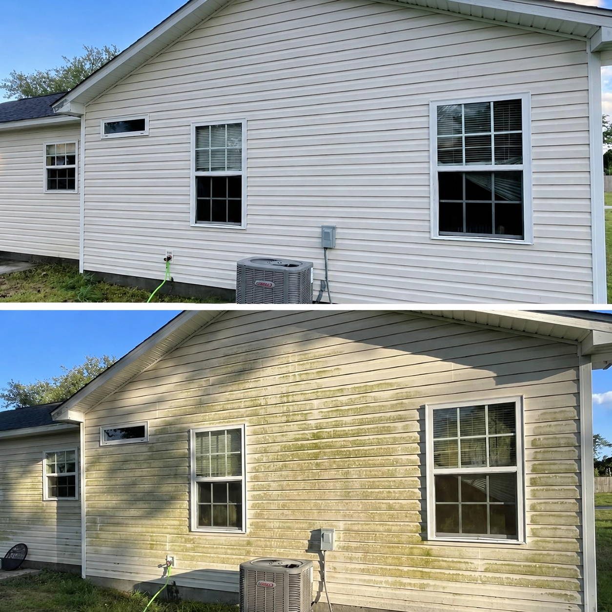 Pressure washer cleaning a wet concrete driveway in front of a house