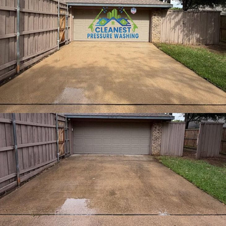 Before-and-after driveway cleaning: top dirty, bottom pressure washed and cleaner.