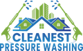 Cleanest Pressure Washing logo with green houses, blue water spray, and bold blue text