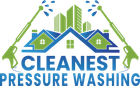 Cleanest Pressure Washing logo with green houses, blue water spray, and bold blue text