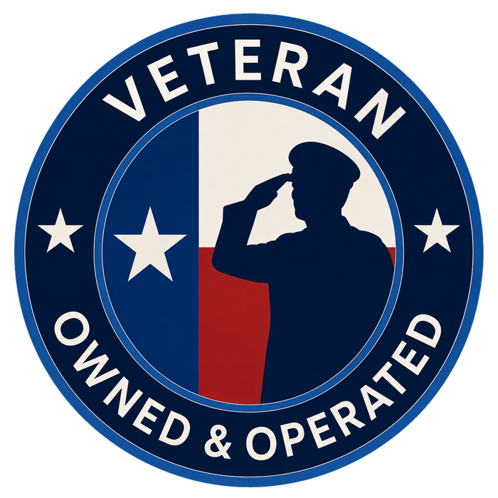 Circular blue badge with Texas flag and saluting veteran silhouette, reading “Veteran Owned & Operated”