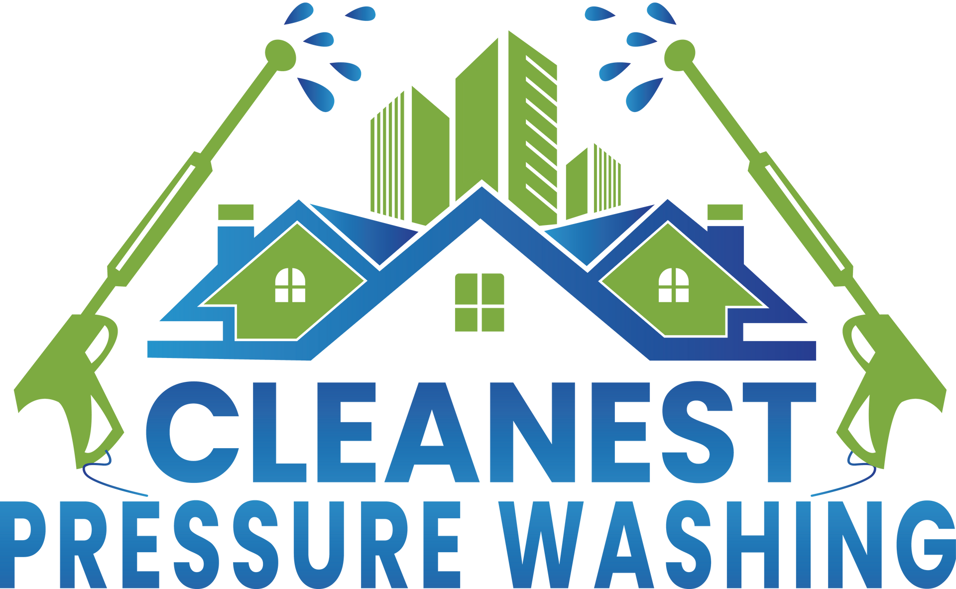 Cleanest Pressure Washing logo with green houses, blue water spray, and bold blue text