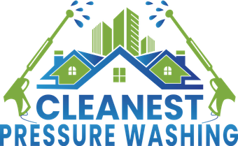 Cleanest Pressure Washing logo with green houses, blue water spray, and bold blue text