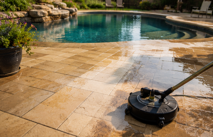 Pool cleaner on wet stone patio beside a backyard swimming pool