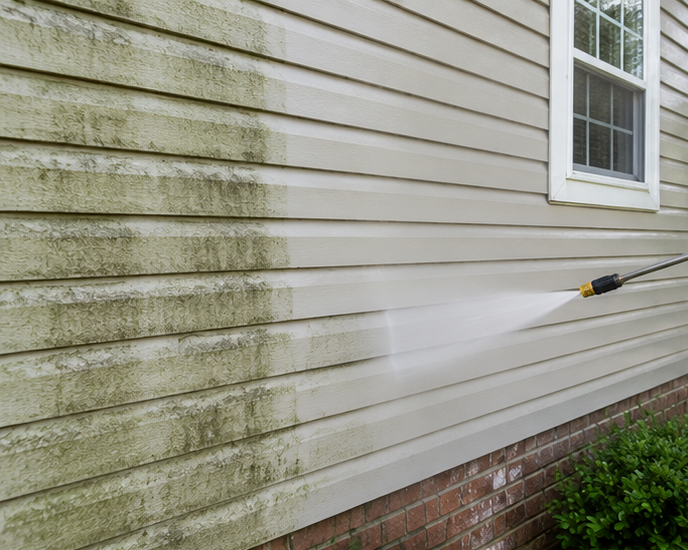 Pressure washing beige vinyl siding with visible green mildew stains near a window and brick foundation.