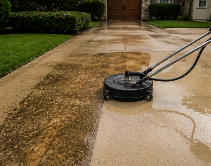 Pressure washer cleaning a wet concrete driveway beside a green lawn and house entrance