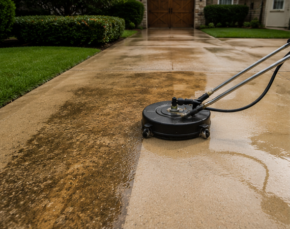 Pressure washer cleaning a wet driveway, with dirty and cleaned sections visible.