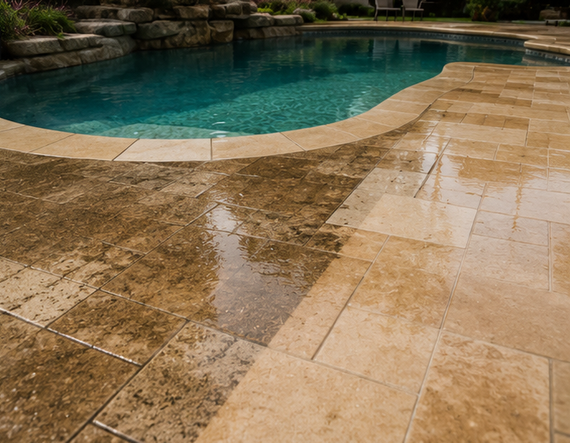 Wet stone patio beside a turquoise swimming pool after rain