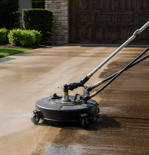 Pressure washing a driveway with a rotating surface cleaner, spraying water across wet concrete.