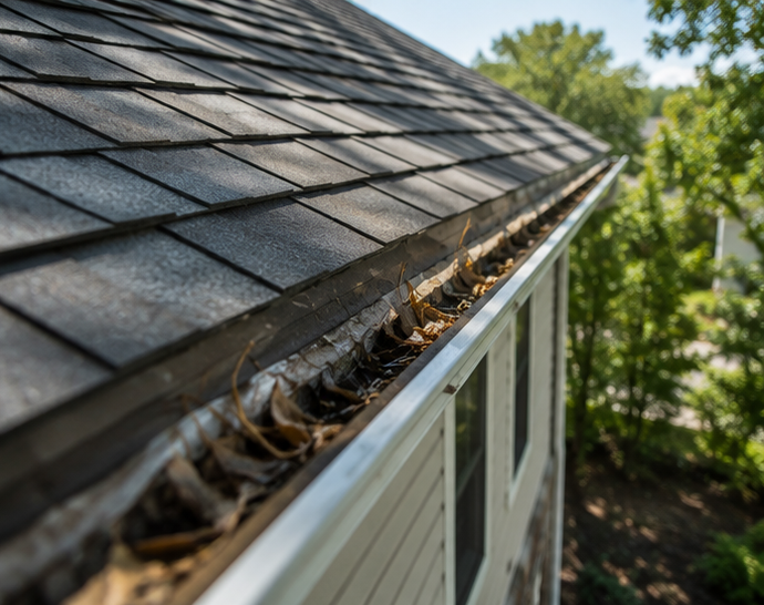 Debris-filled gutter along a shingled roof beside white siding and trees