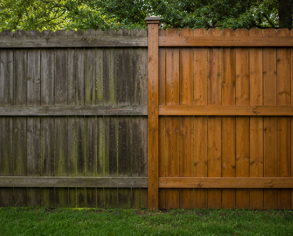 Split wooden fence: weathered gray panels on left, warm stained panels on right, divided by a center post.