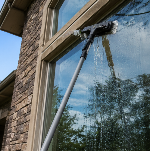 Window being cleaned with a long-handled squeegee on a sunny house exterior