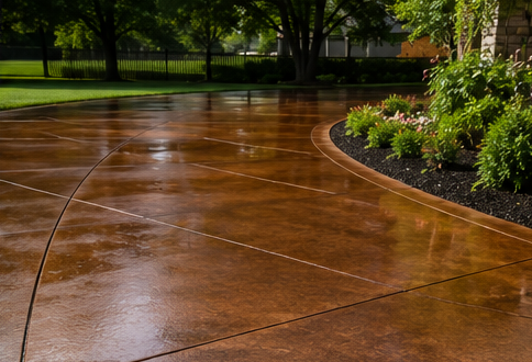 Rain-soaked curved concrete walkway beside flower beds and trees in a park