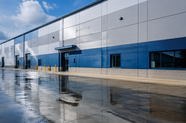 Blue and white industrial warehouse exterior with wet pavement reflecting the building