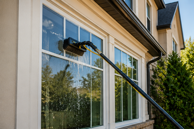 Window cleaner using a long pole to wash a house’s exterior windows