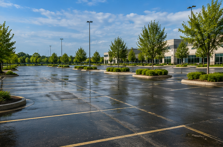 Empty wet parking lot with trees, light poles, and a building under a blue sky after rain