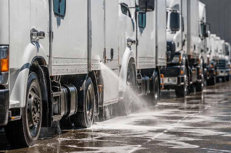 Row of white trucks being washed with water spray in a wet service area