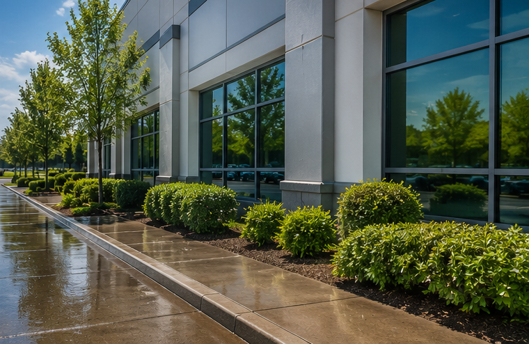 Modern office building exterior with large windows, wet walkway, and landscaped shrubs and trees