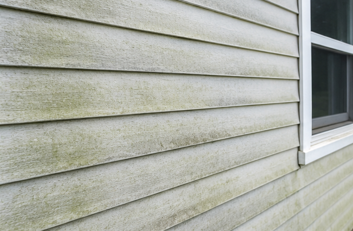 Weathered light-gray vinyl siding with a white-trimmed window on the right side of the house.