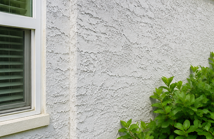 White stucco house wall with a window and green shrubbery at the corner
