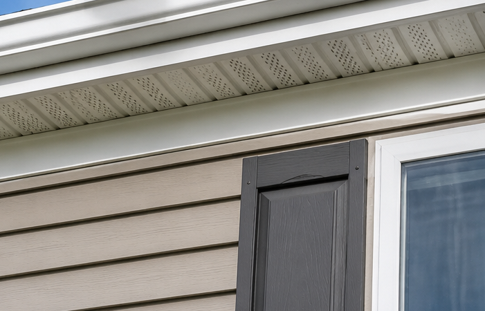 House exterior with beige siding, white trim, and a dark gray shutter beside a window