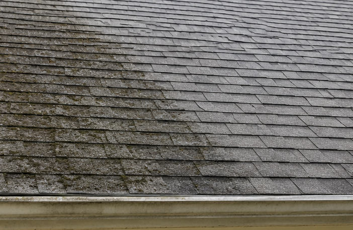Moss-covered gray shingled roof with a gutter along the bottom edge