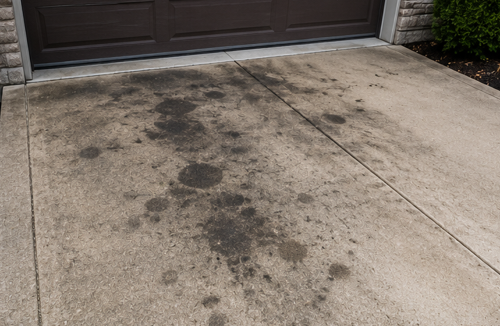 Stained concrete driveway with dark oil spots near a garage door