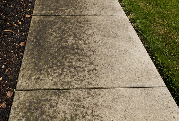 Concrete sidewalk with dark stains beside grass and mulch border