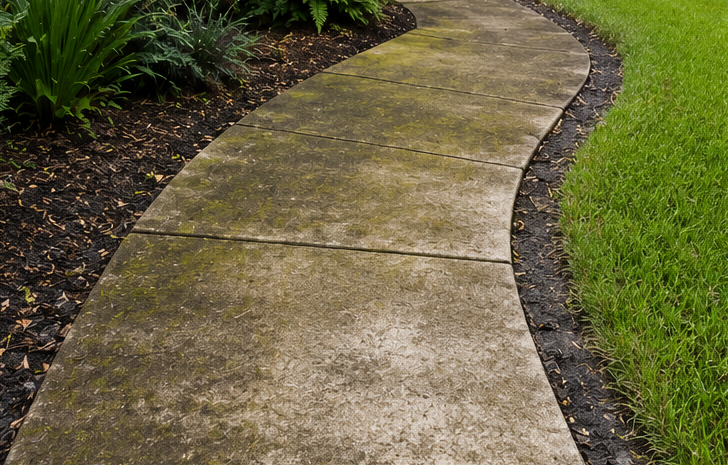 Curved concrete garden path bordered by grass and plants