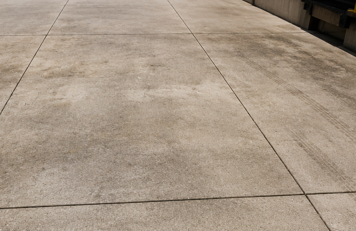 Empty concrete walkway with expansion joints and light stains