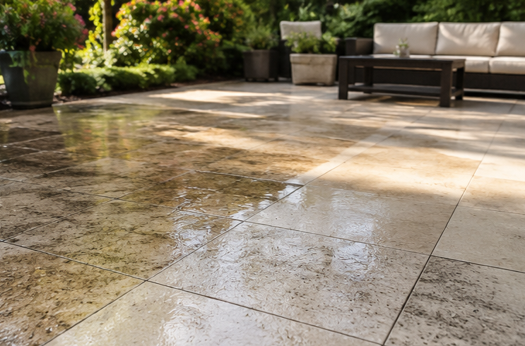 Wet stone patio with a beige outdoor sofa and lush garden plants in the background