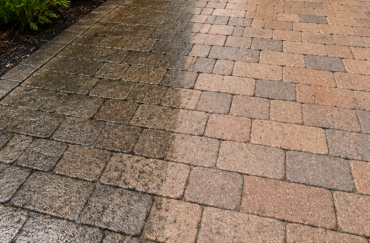 Brick and cobblestone walkway with a wet, weathered surface beside a curb