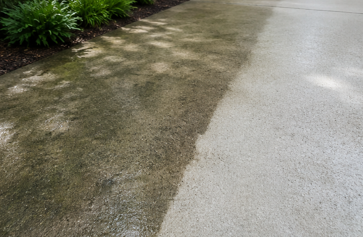 A sidewalk with a darker wet section beside a light gray paved path and shrubs on the left.
