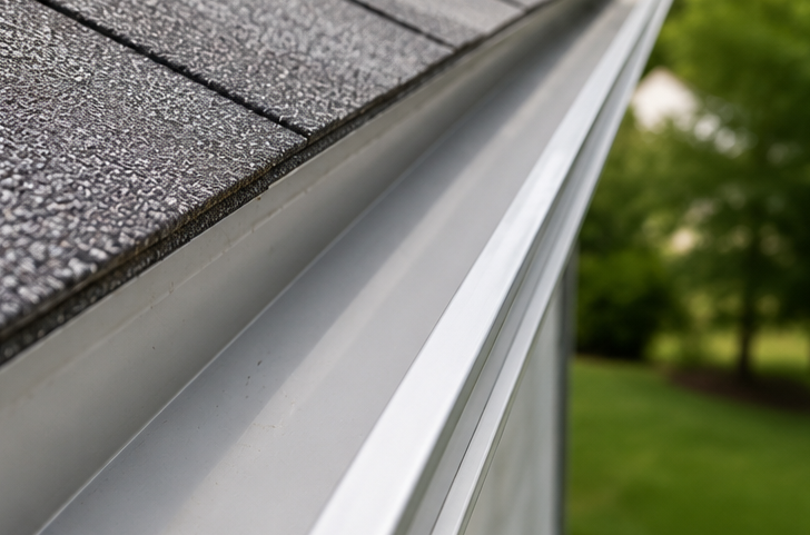 Close-up of a house roof edge with gray shingles and white gutter, blurred green yard in background