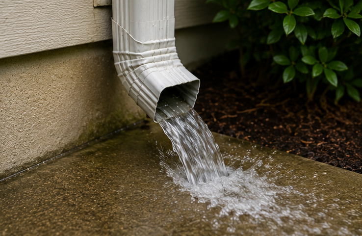 Rainwater pouring from a white downspout onto a wet concrete patio near a house.
