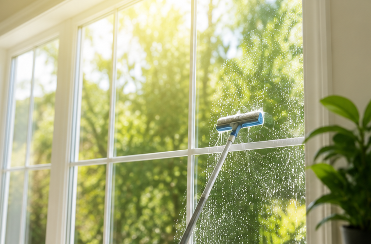 Squeegee cleaning a sunlit window with water droplets and green trees outside