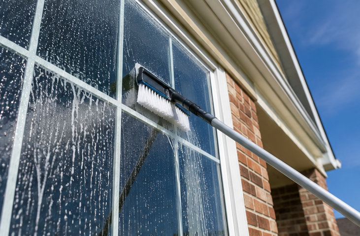Person cleaning a window with a squeegee on a sunny house exterior.