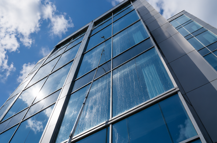 Modern glass office building seen from below against a blue sky and clouds