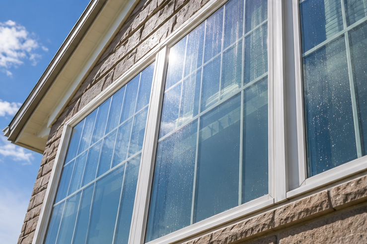 Blue-tinted windows on a stone building under a bright sky