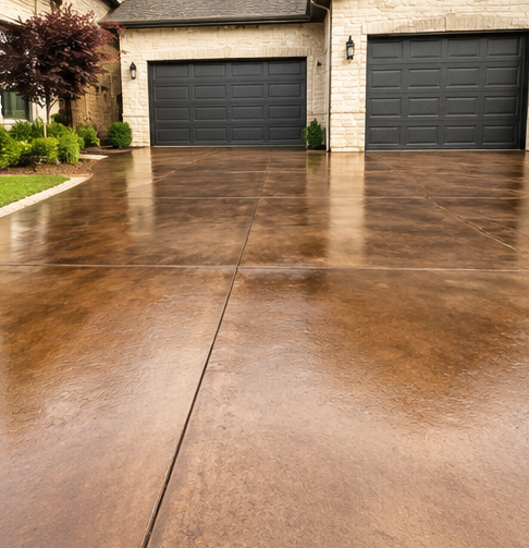 Wet brown concrete walkway curving through a park with green trees and flower beds after rain