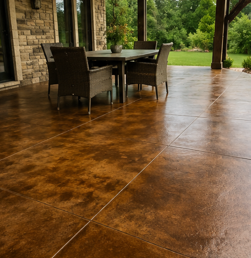 Covered patio with a wooden table and chairs on a wet stamped concrete floor, overlooking a green yard
