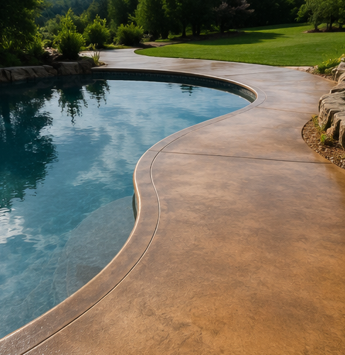Wet stamped concrete driveway leading to a house with a black garage door and landscaped front lawn