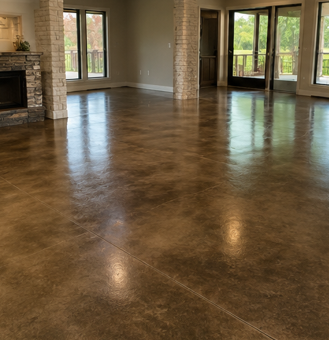 Empty living room with polished brown concrete floor, stone fireplace, and large windows overlooking greenery