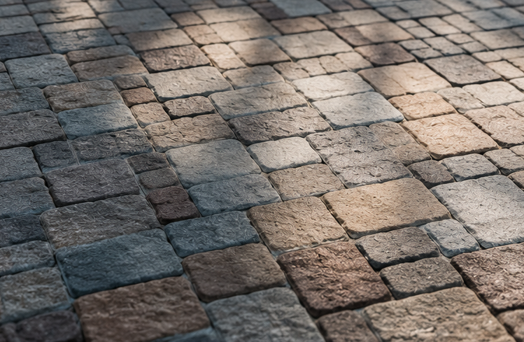 Cobblestone pavement in mixed gray and tan tones, lit by sunlight