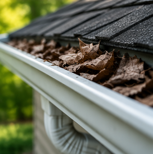 Dry leaves piled in a rain gutter beside a black shingled roof.