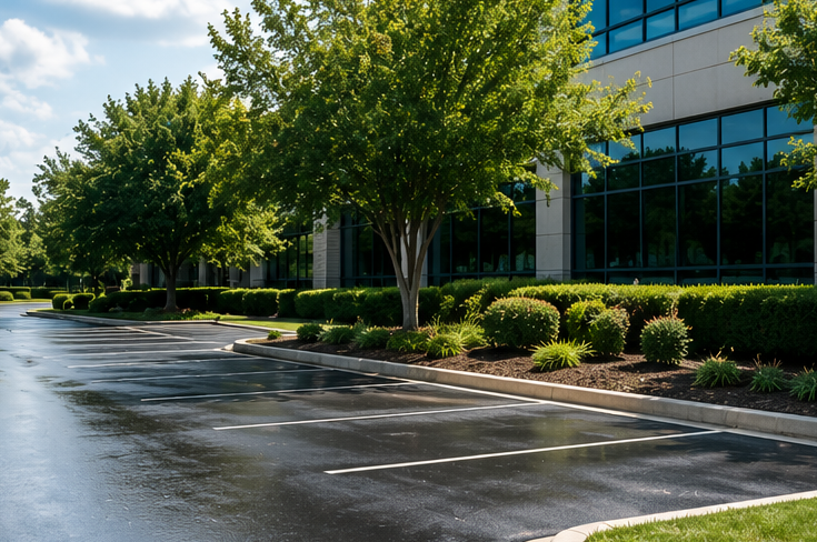 Empty parking lot beside a glass office building and trees on a sunny day