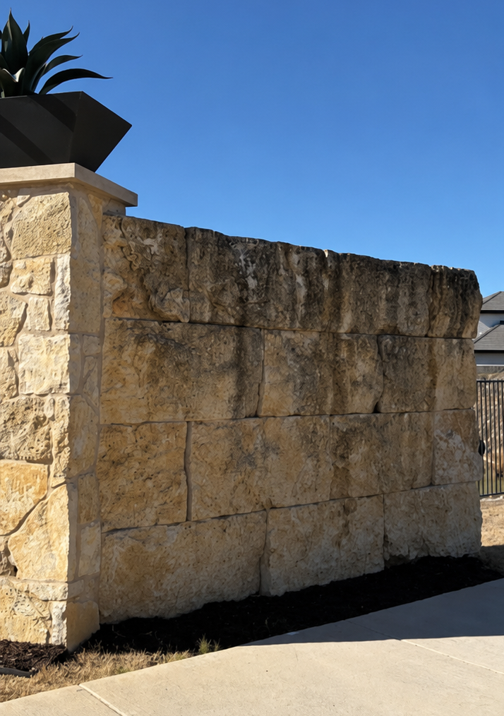 Tan stone wall beside a sidewalk under a clear blue sky