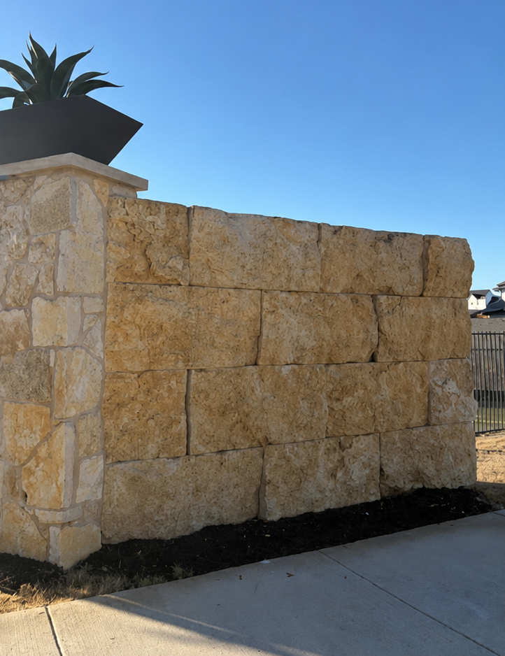 Stone block wall beside a sidewalk under a clear blue sky, with a decorative planter on top.